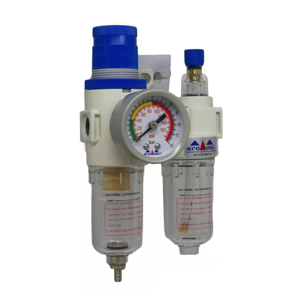 Filtro lubrificador e regulador de ar com manômetro Arcom 1/4 pol femêa - Filtrosmanômetros