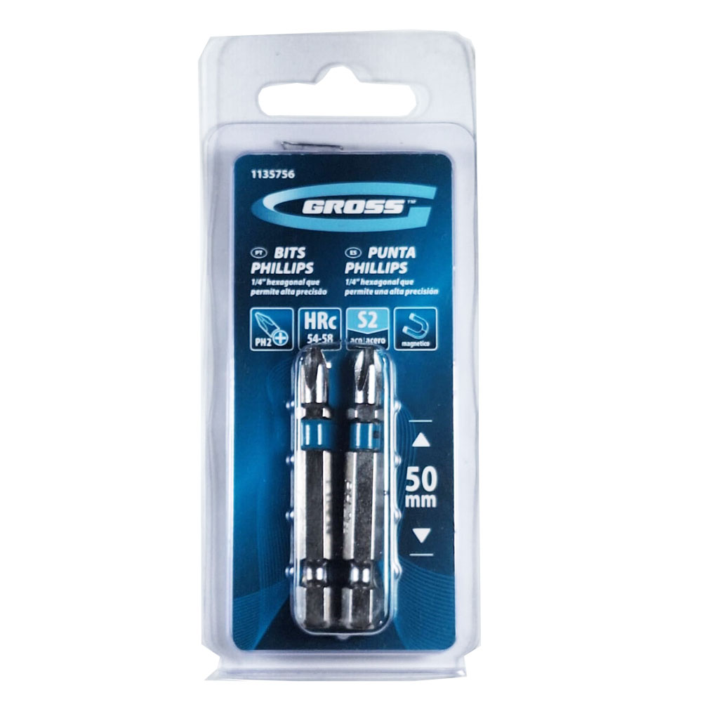 Kit Bits Phillips Aço S2 PH2 de 50mm 2 Peças Gross - Ferramentas