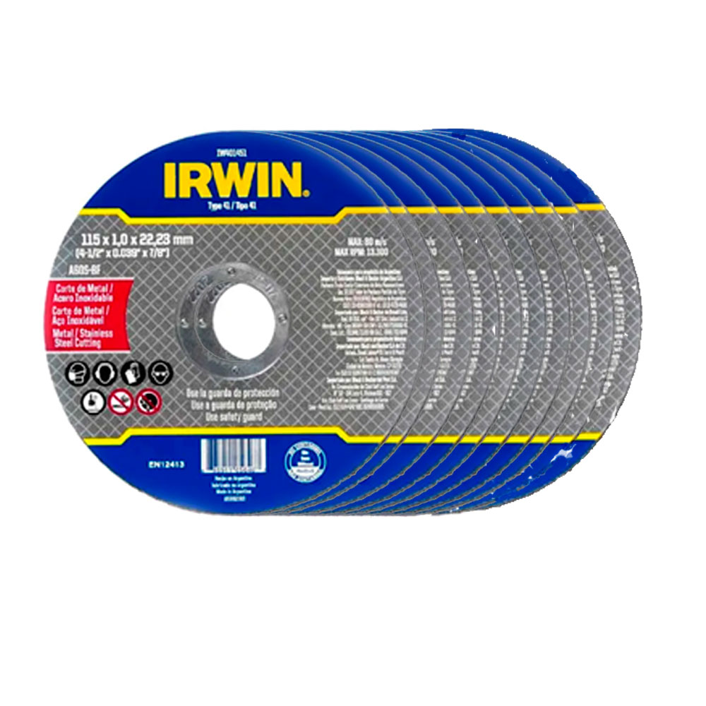 Kit 10 unidades Disco de Corte Irwin para Metal/Inox 1.0mm para Esmerilhadeiras 4,5pol - Ferramentas