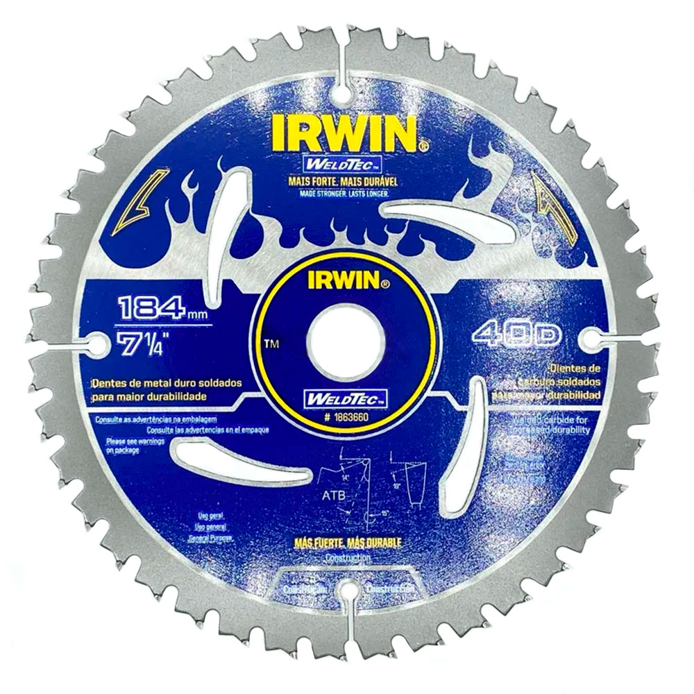 Disco de Serra Circular Irwin WeldTec 184mm para madeira 40 dentes - Ferramentas