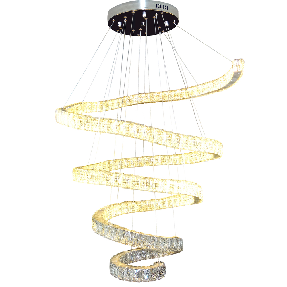 Lustre LED Espiral Cristal K9 Inox 8LP18/4 até 85 cm 168 watts Luz 3000 a 6500K - Controle Remoto - Guardian