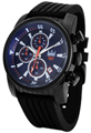 Relógio masculino analógico, calendário, cronógrafo preto com vermelho fundo azul - Relógios